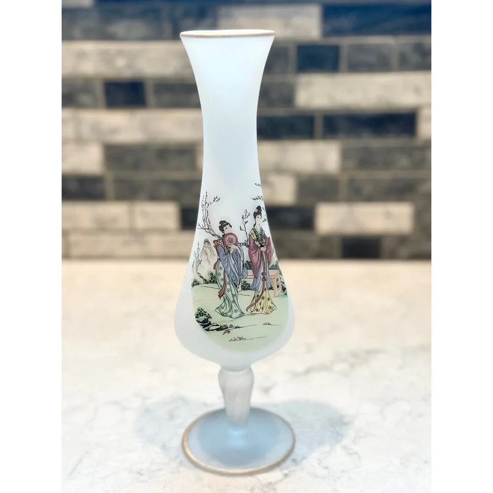Vintage Frosted Glass Asian Bud Vase Gold Trim Geisha Landscape Twisted Stem 8in
